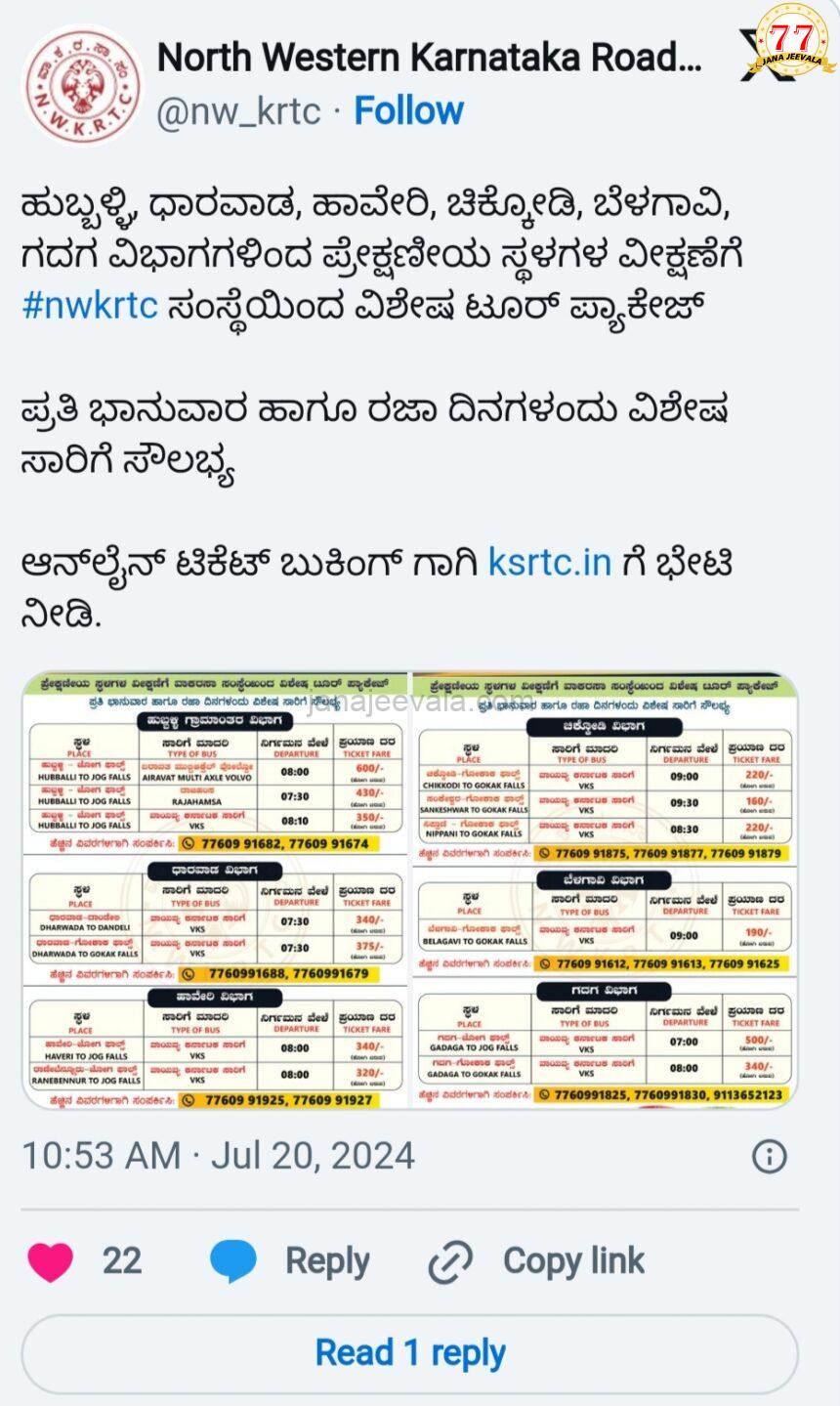 NWKSRTC ಜೋಗ ಜಲಪಾತ, ಗೋಕಾಕ ಫಾಲ್ಸ್​, ದಾಂಡೇಲಿಗೆ ವಿಶೇಷ ʼಪ್ಯಾಕೇಜ್‌ ಟೂರ್ʼ